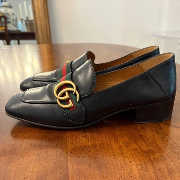 Gucci Black Leather Loafers with Gold and Green-Red Stripe Webbing, 37.5 - Picture 6 of 6